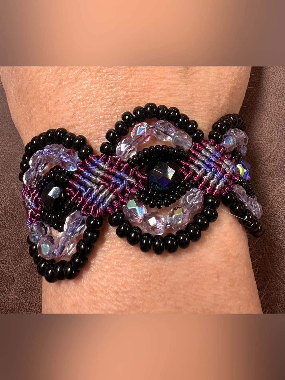 Hand Crafted Black and Purple Beaded Macramé Bracelet